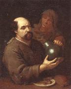unknow artist A man seated at a table holding a flagon,a servant offering him a glass of wine oil painting artist